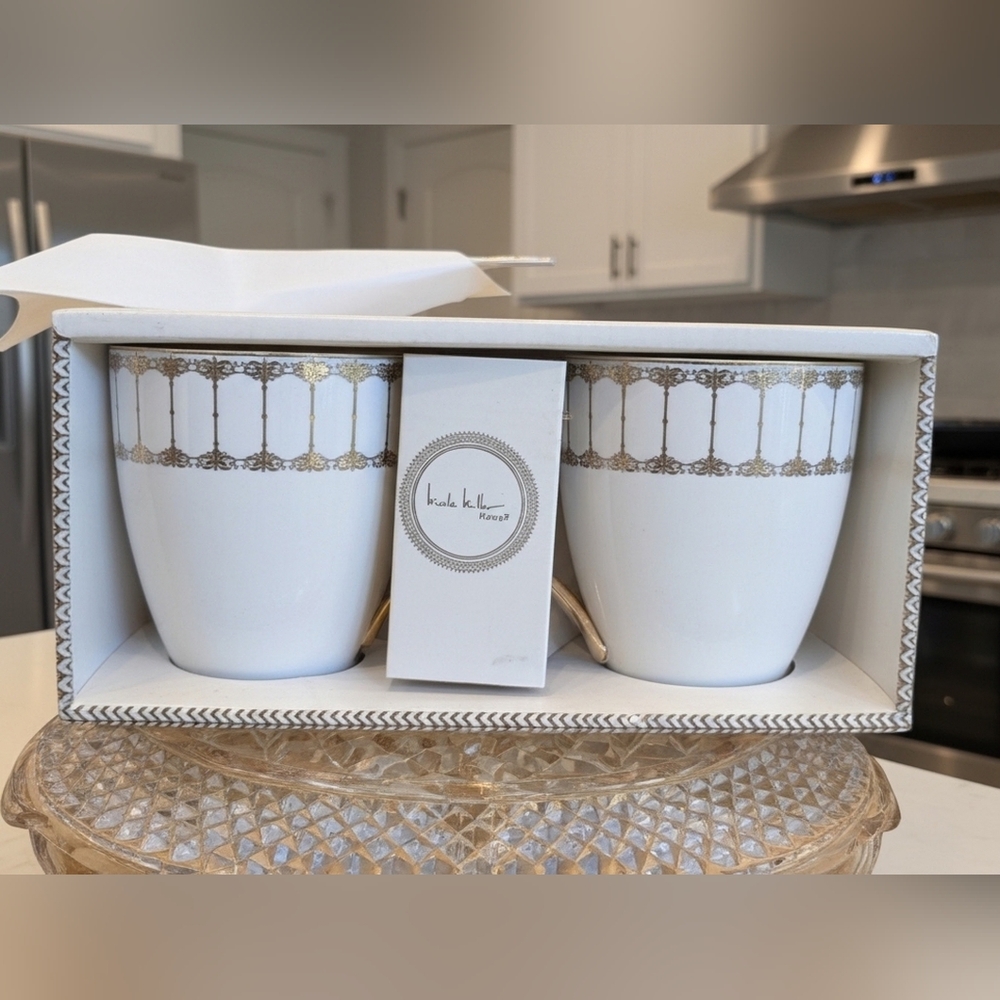 Nicole Miller White and Gold Two Mug Set